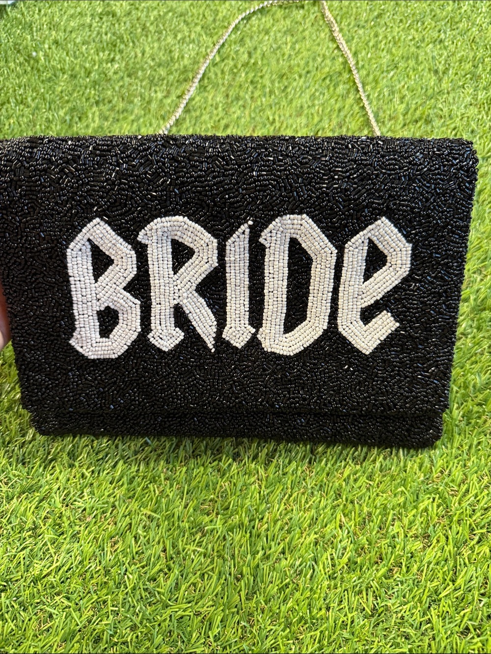 Black 'Bride' Beaded Evening Clutch with Silver Chain - Picture 2 of 5